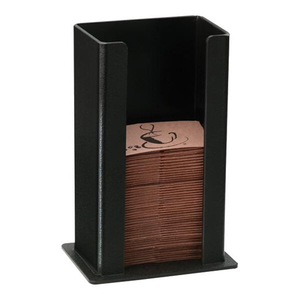 A black rectangular dispenser holding a stack of brown coffee sleeves with a decorative design on top.