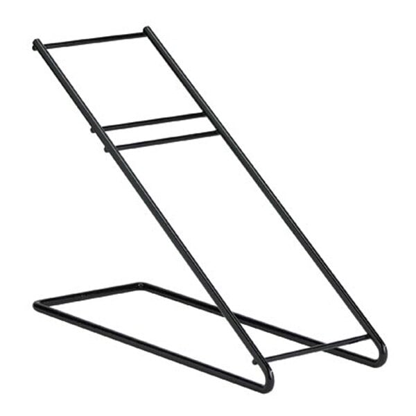 A black metal angled stand with a rectangular base and two parallel bars connected by horizontal rods.