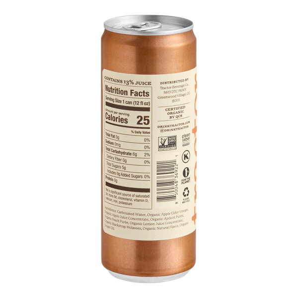 A tall, metallic can with a beige nutrition facts label and various certification symbols on the back.