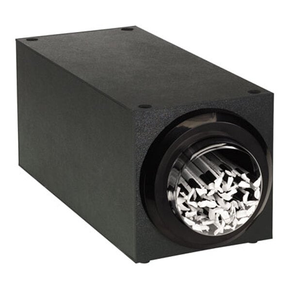 A rectangular black box with a circular opening at one end, containing several white straws inside.