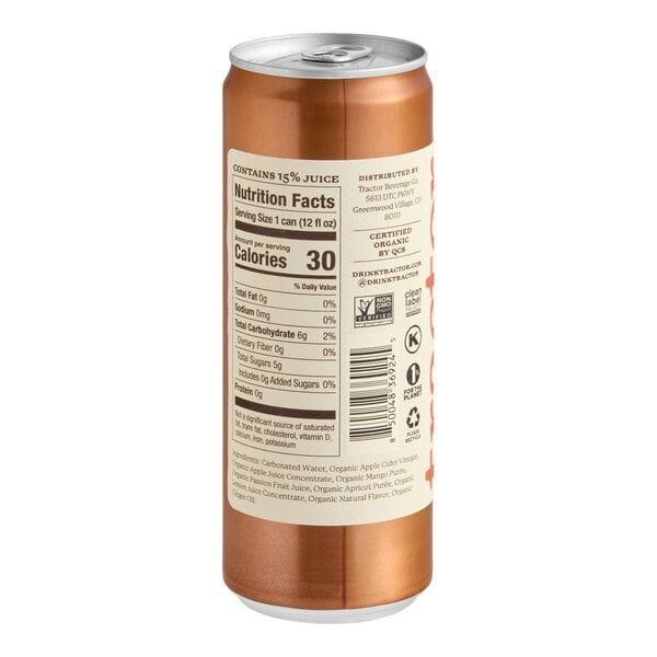 A tall, metallic can with a beige nutrition label and text, featuring a copper-brown color on the rest of the can.