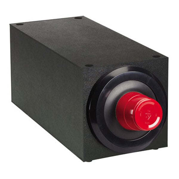 A rectangular black box with a circular opening on one end, featuring a red cylindrical component protruding from the center.