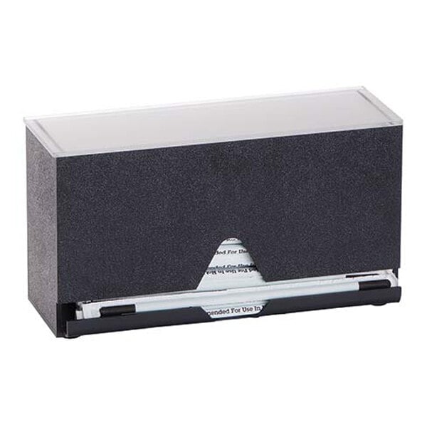 A rectangular black dispenser with a clear top and an opening at the bottom for dispensing wrapped straws.