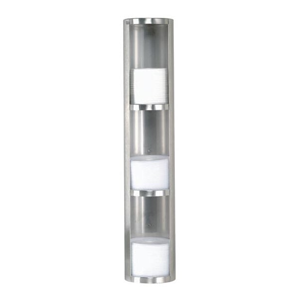 A vertical stainless steel dispenser with three separate sections, each containing a white, ribbed lid or cup holder.