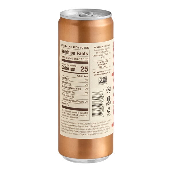A tall, metallic can with a beige nutrition facts label and various certification symbols on the back.