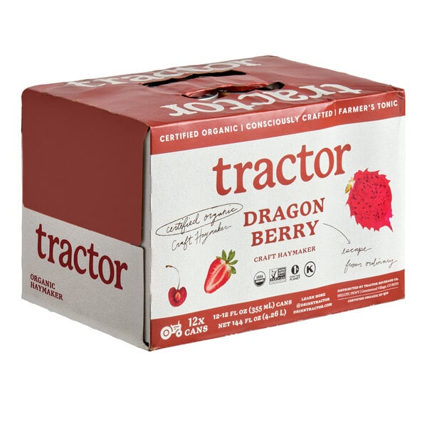A cardboard box with red and white design labeled 'tractor dragon berry' featuring images of a cherry, strawberry, and dragon fruit, containing 12 cans.