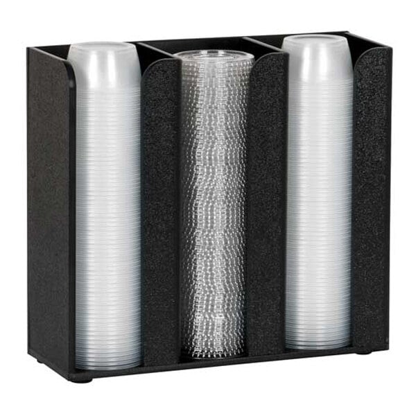 A black organizer with three vertical sections, each holding a stack of clear plastic cups.