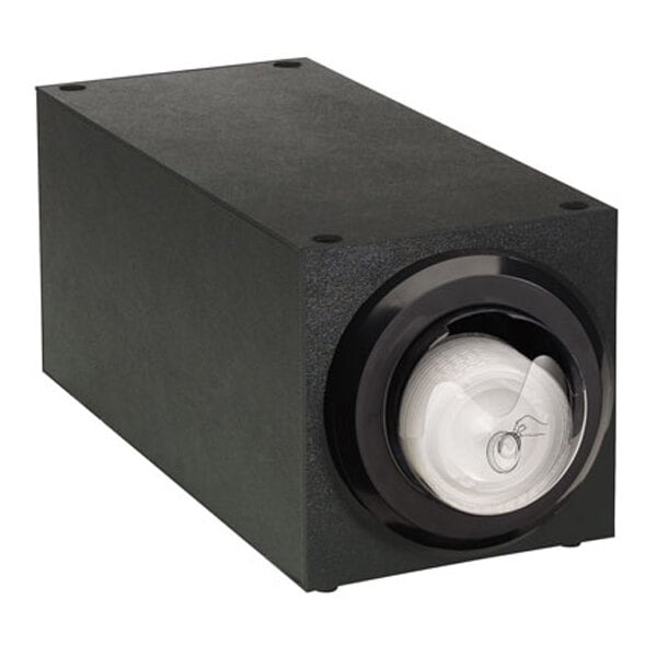 A rectangular black box with a circular transparent dispenser on one end.
