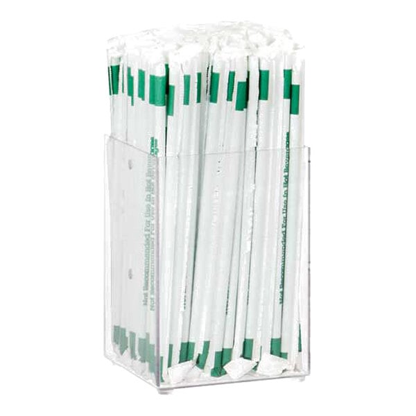 A clear acrylic container holding individually wrapped straws standing upright.