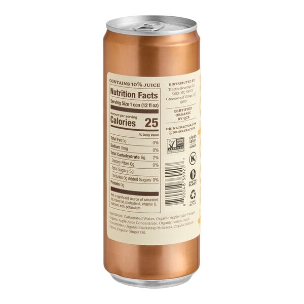 A tall, metallic can with a beige nutrition facts label and text, showing the back side of the product.