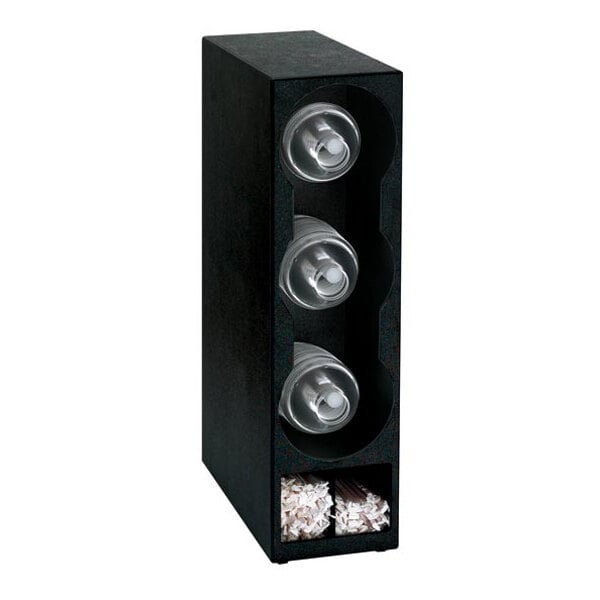 A black rectangular organizer with three circular compartments holding dome lids and a bottom section containing straws and stirrers.