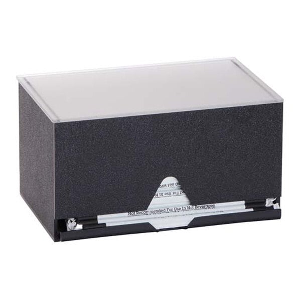 A rectangular black box with a clear top and an opening at the front displaying wrapped straws inside.