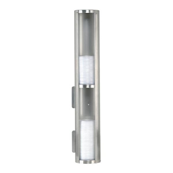 A tall, vertical stainless steel dispenser with two separate sections, each containing a clear, ribbed compartment for holding lids.