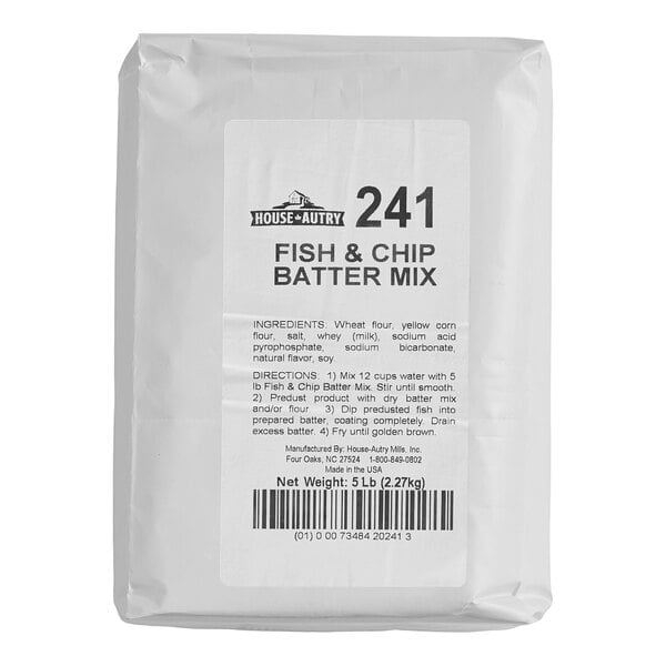 A white package labeled 'House-Autry 241 Fish & Chip Batter Mix' with preparation instructions and a net weight of 5 lb (2.27 kg).