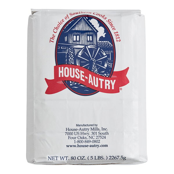 A white bag with a blue and red logo featuring a watermill and the text 'HOUSE-AUTRY,' along with product and manufacturer information printed below.
