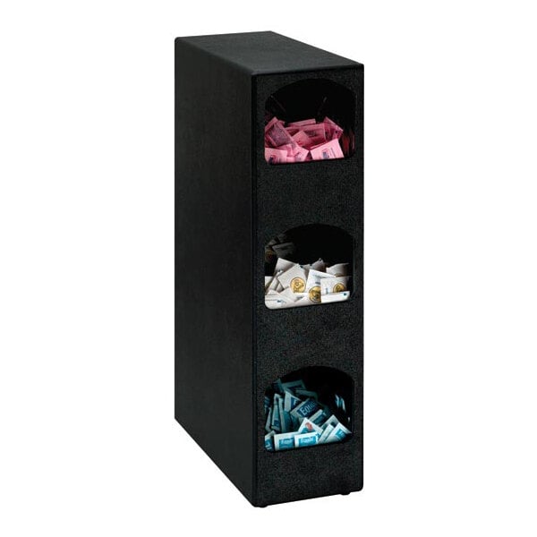 A black vertical organizer with three open sections, each containing different colored condiment packets.