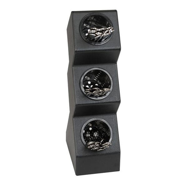 A black, three-section countertop organizer with round compartments holding silverware or utensils.