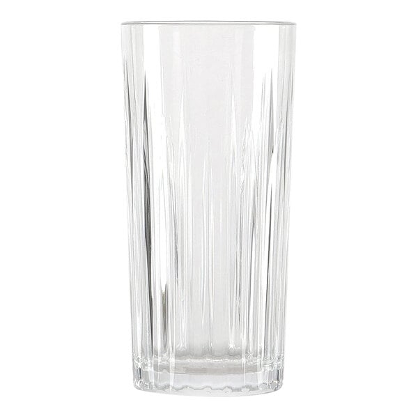 A clear, tall drinking glass with vertical textured lines.