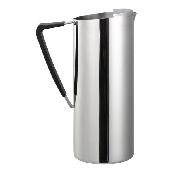 A tall, cylindrical stainless steel pitcher with a black handle and a spout guard.