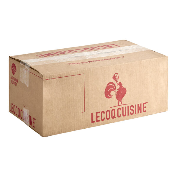 A sealed brown cardboard box with red 'LECOQCUISINE' branding and a rooster logo printed on the side.