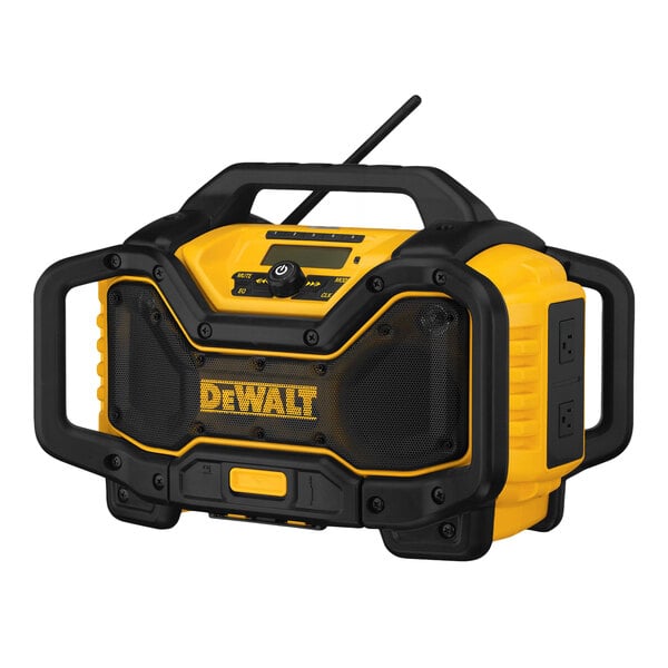 A rugged, yellow and black portable radio with a handle, protective frame, control knobs, and visible speakers.