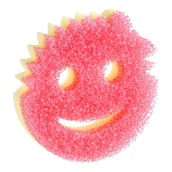 A round, pink and yellow sponge with a smiley face design and textured surface.