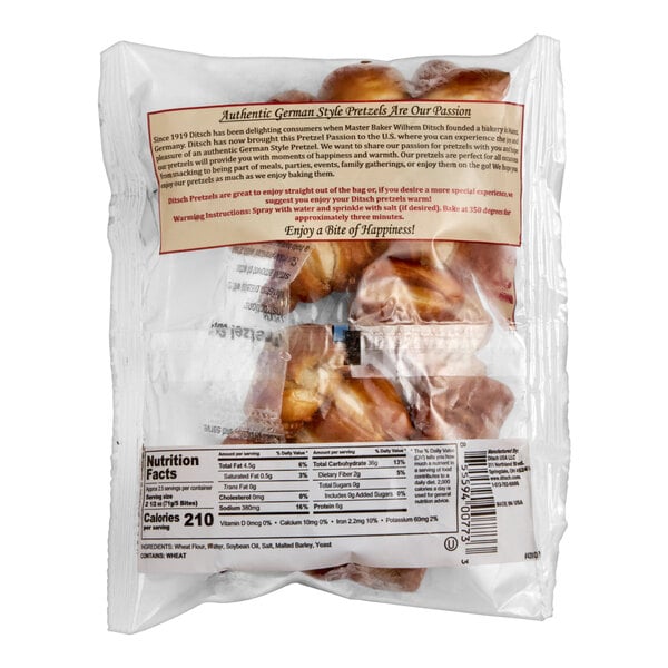 A clear plastic bag containing several soft pretzel bites, with visible nutritional information, a barcode, and a description of the product on the packaging.