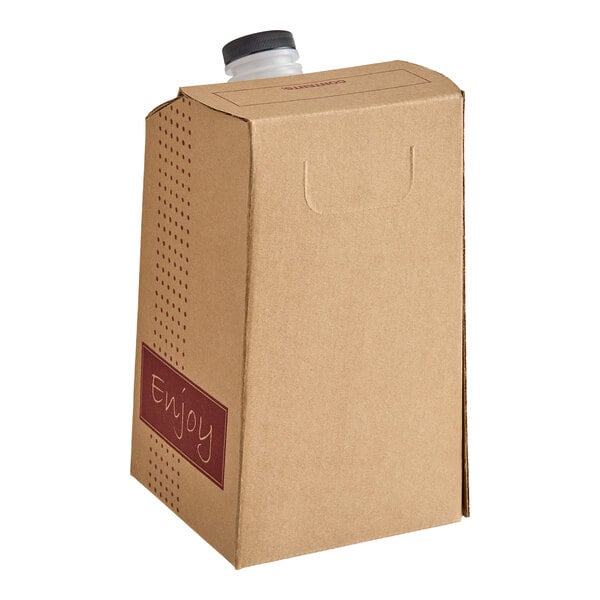 A brown cardboard beverage container with a black plastic cap and the word 'Enjoy' printed on the side.