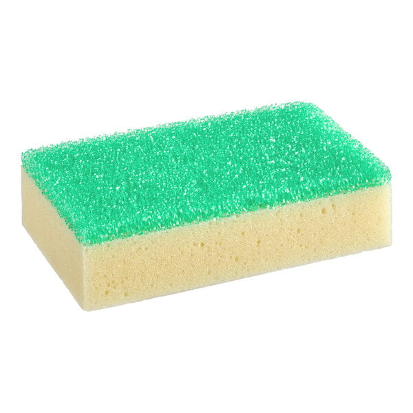 A rectangular sponge with a yellow base and a green scrubbing surface on top.