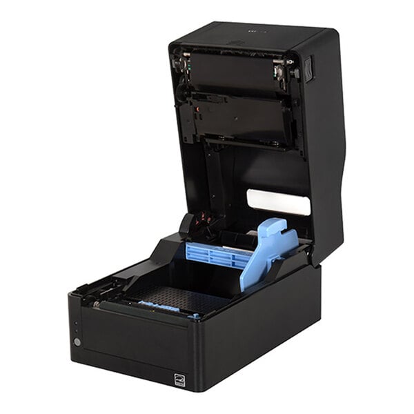 A black printer with its top cover open, revealing internal components and a blue paper guide inside.