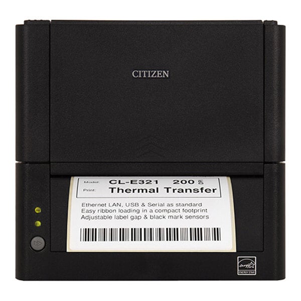A black rectangular device with the brand name 'CITIZEN' on the front, featuring a printed label emerging from a slot, and indicator lights on the left side.