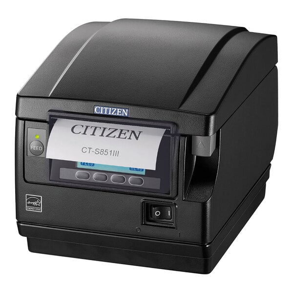 A black thermal receipt and barcode printer with a visible printed label and control buttons on the front.