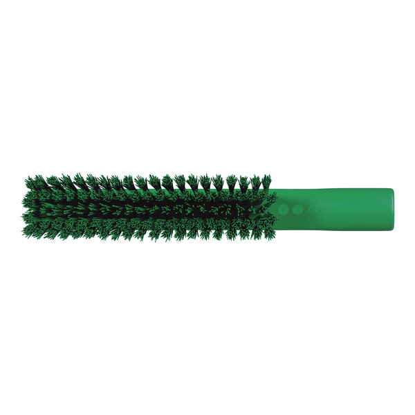 A green cylindrical brush with a handle and densely packed bristles arranged around the head.