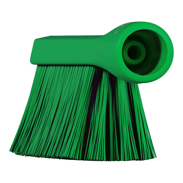 A green brush head with a threaded handle opening and a mix of soft and stiff bristles.