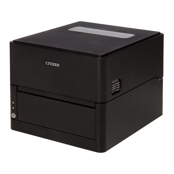 A black, box-shaped electronic device with a front panel, indicator lights, and a small vent on the side.