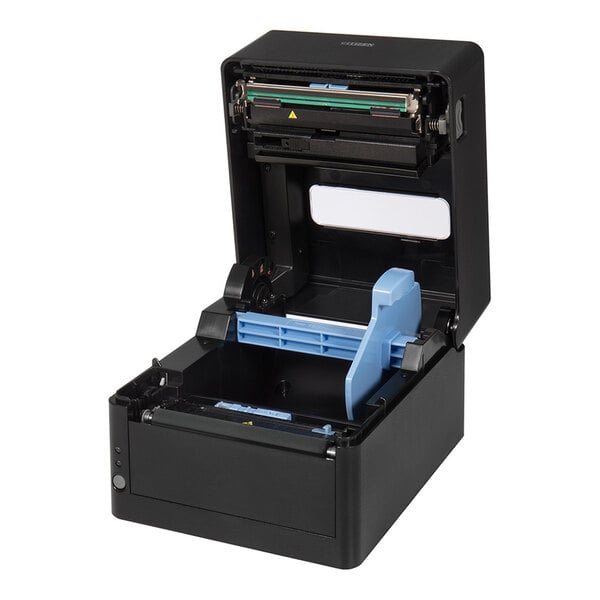A black printer with its top cover open, revealing the internal components and paper feed area.