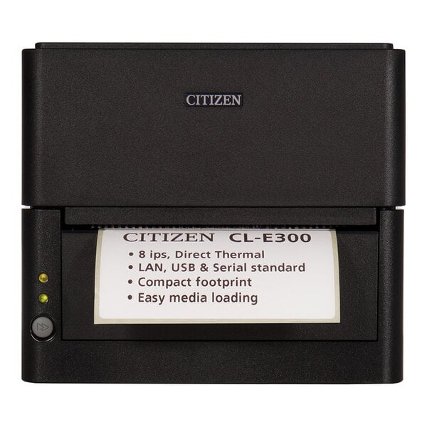 A black rectangular printer with a label partially printed, displaying product features and the brand name 'CITIZEN' on the front.