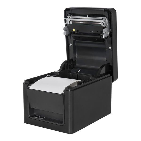 A black thermal printer with its top cover open, showing a roll of paper loaded inside.