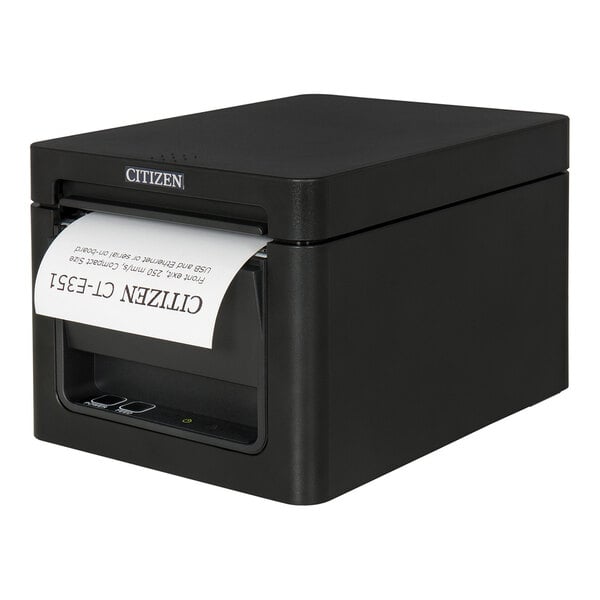 A black rectangular thermal receipt printer with a front paper exit and a printed receipt partially ejected.