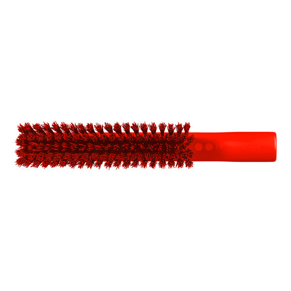 A red cylindrical brush with dense bristles and a straight handle, shown against a white background.