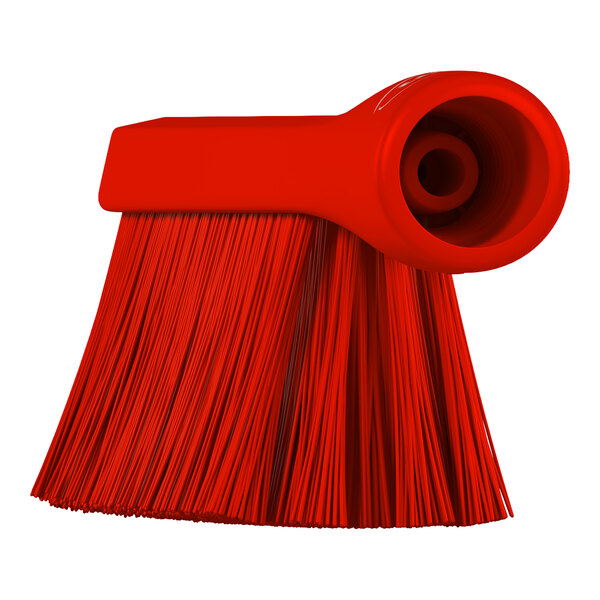 A red brush head with a threaded handle attachment and densely packed bristles.