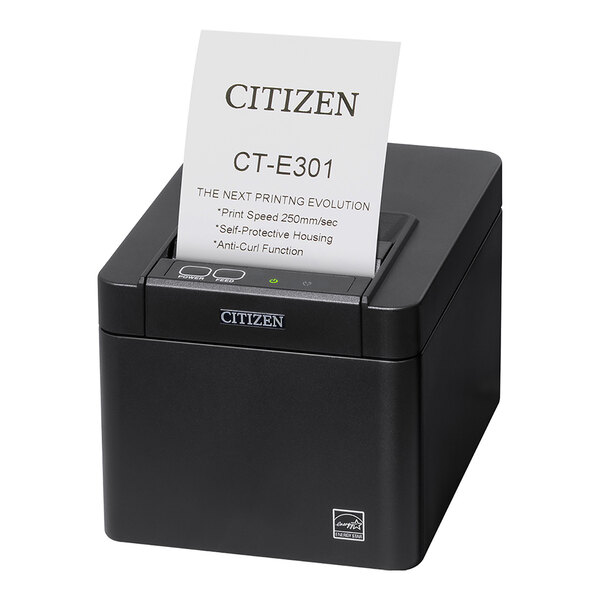 A black thermal receipt printer with a printed sheet emerging from the top, displaying the brand name 'CITIZEN' and model 'CT-E301.'