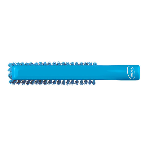 A blue cylindrical brush with bristles on all sides and a handle, viewed from the side.