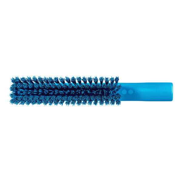 A blue cylindrical brush with a handle and densely packed bristles arranged around the head.