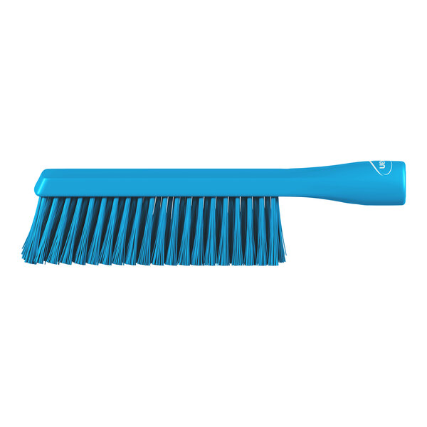 A blue brush with a long handle and densely packed bristles, shown against a white background.