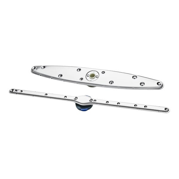 Two metallic spray arms with multiple holes, likely components for a dishwasher, are shown against a white background.