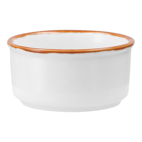 Zwiesel Fortessa Spice Terracotta TechnoCeram 2.5 oz. White / Orange Rim China Coupe Ramekin - 12/Case