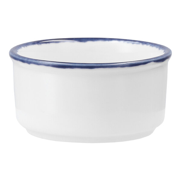 Zwiesel Fortessa Spice Cornflower TechnoCeram 2.5 oz. White / Blue Rim China Coupe Ramekin - 12/Case