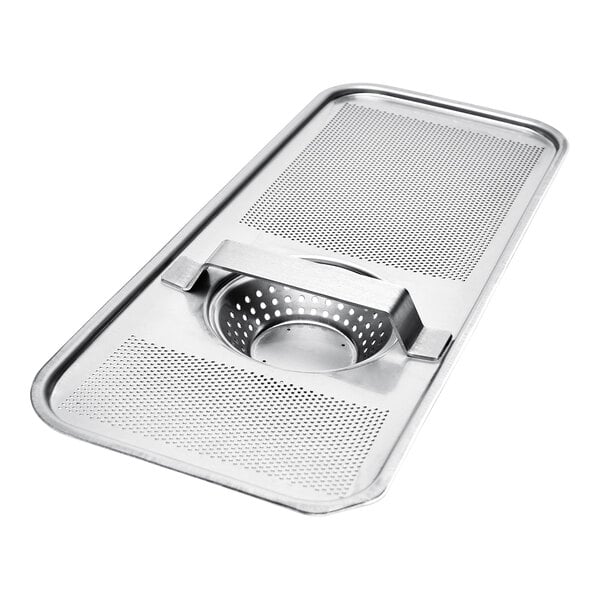 A rectangular stainless steel tray with perforated sections and a central circular strainer basket.