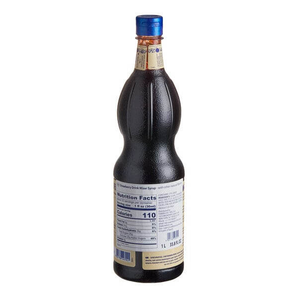 A dark-colored liquid in a tall, textured bottle with a blue cap and a nutrition facts label on the back.